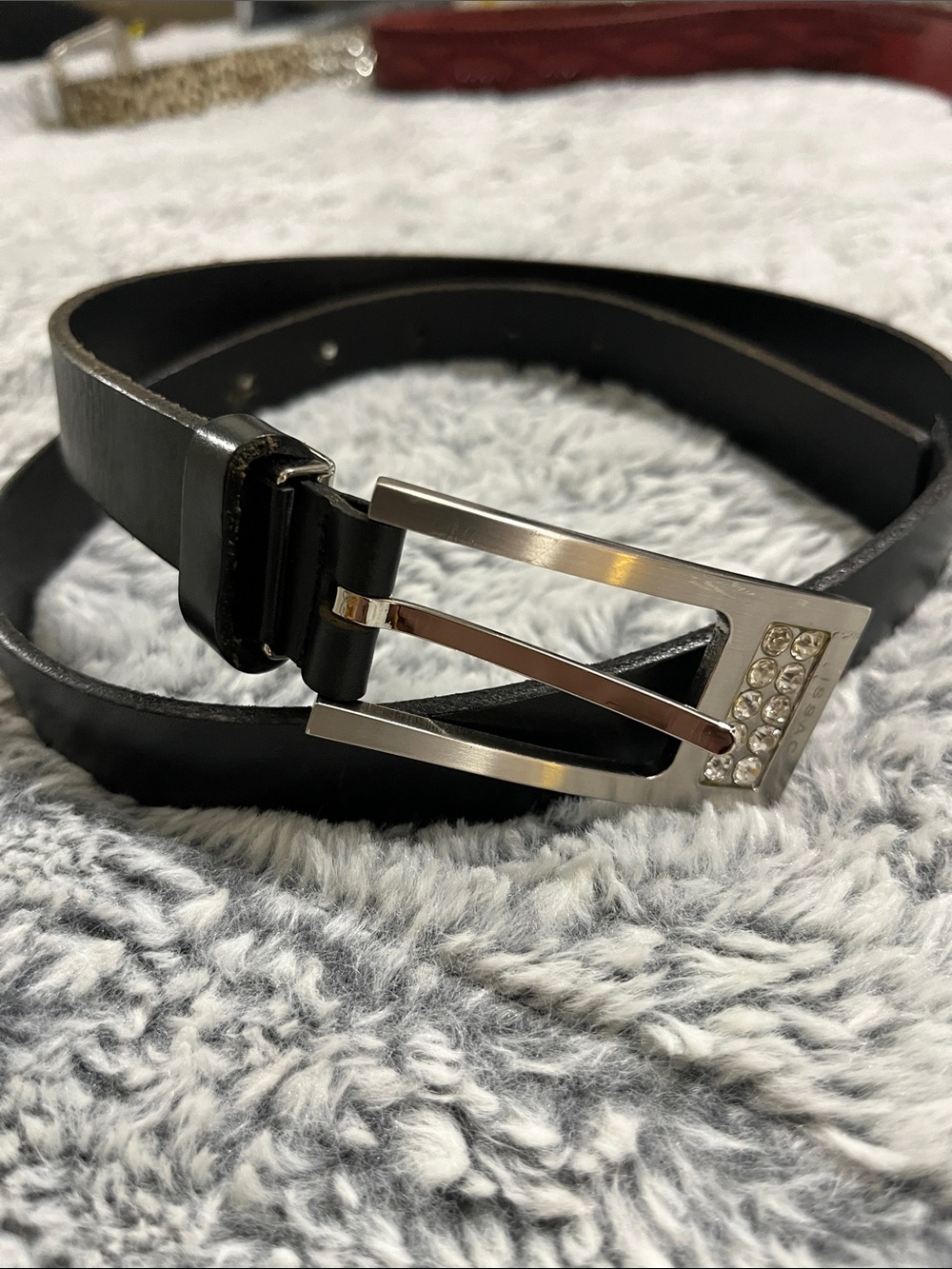 Women’s Black Leather Belt with Silver Crystal-Accented Buckle